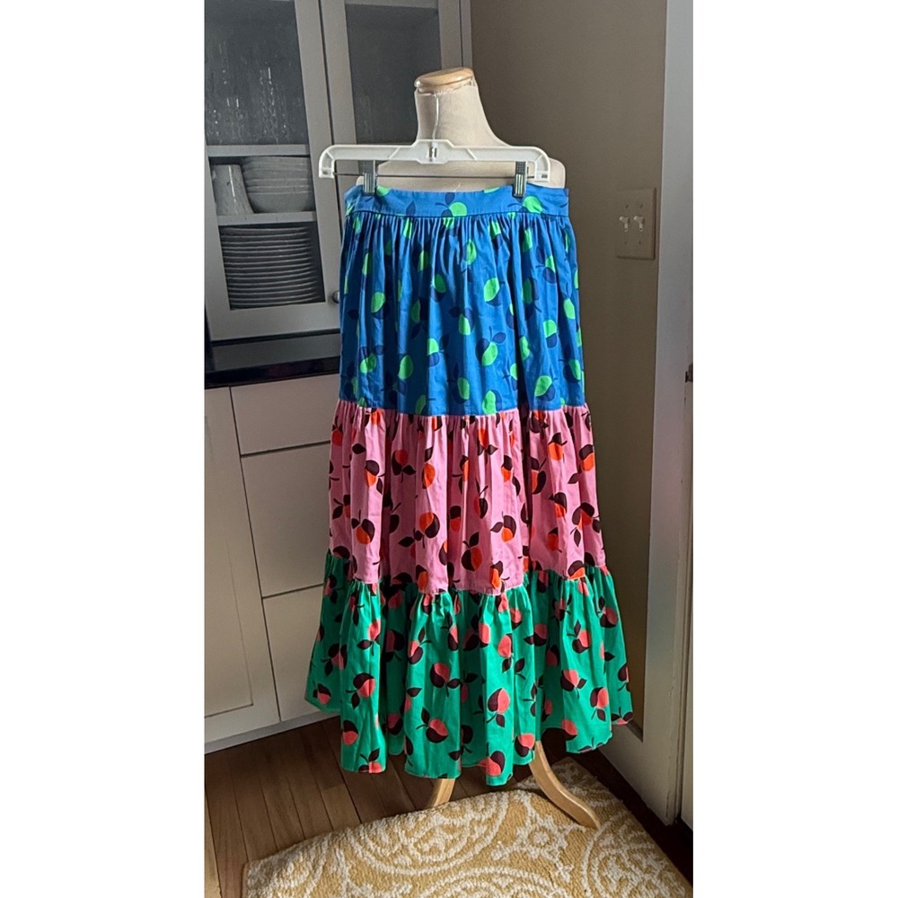 Kate Spade New York Fruit Print Tiered Maxi‎ Skirt Blue Pink Green Size 12